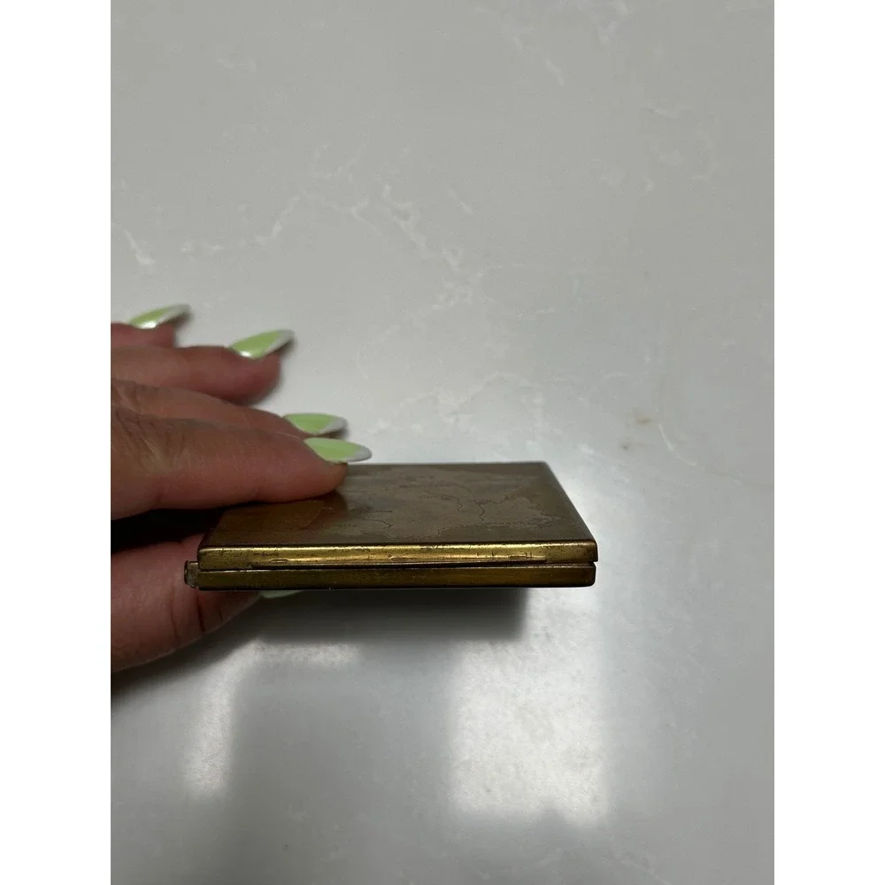 Vintage 1940s Map of France Compact Brass Mirror Powder Sifter European Souvenir